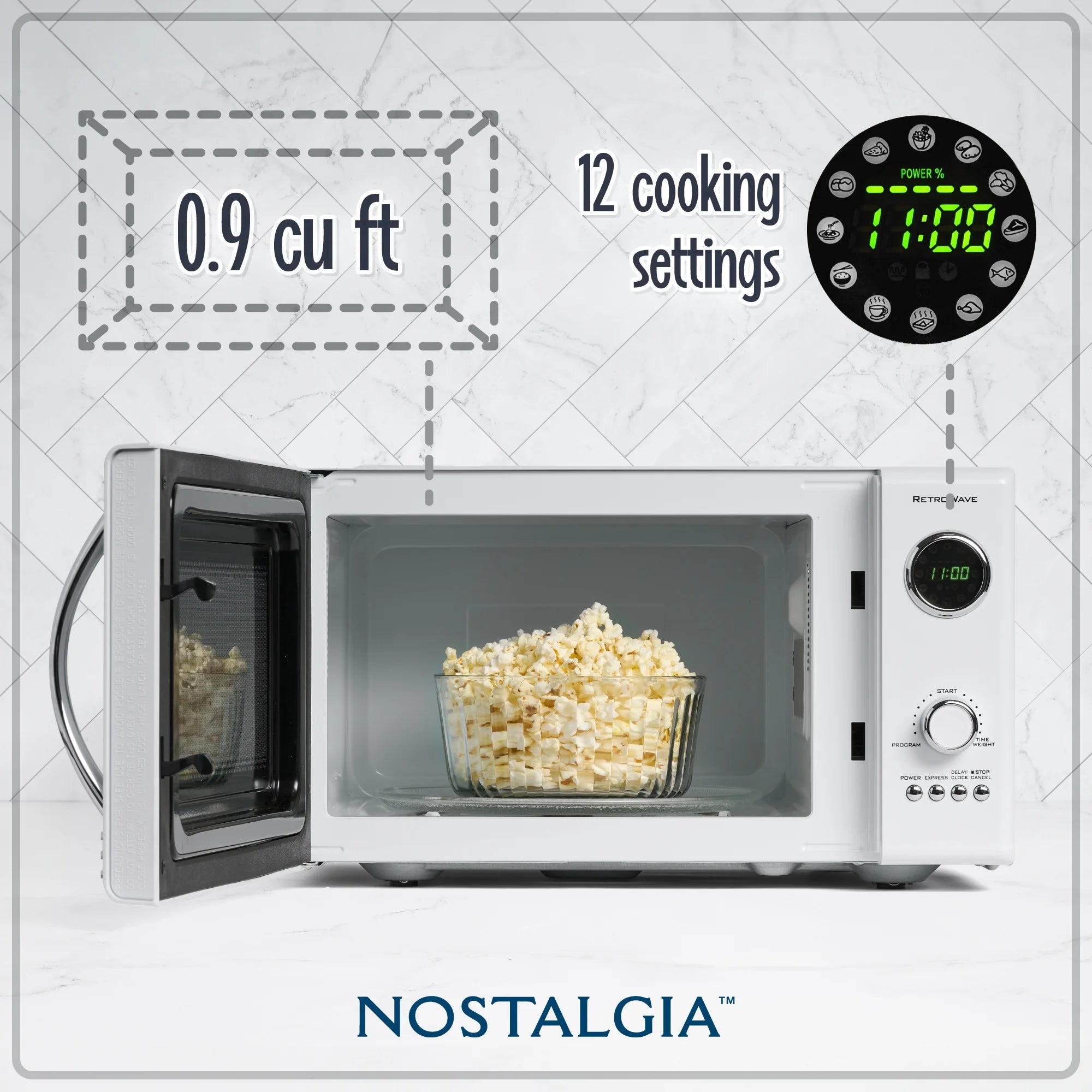 Nostalgia Retro 0.9 Cu Ft 800W Vintage Countertop Microwave (White)