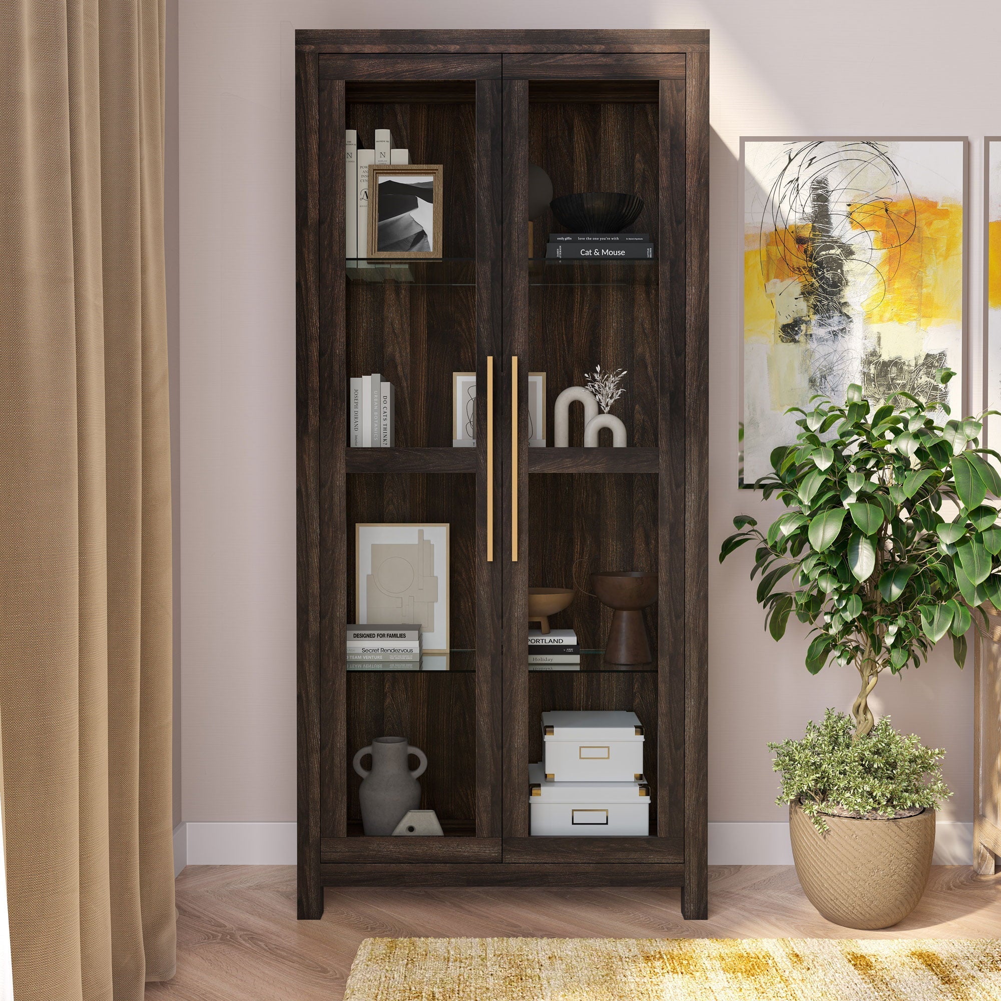 Belleze Avalon Dark Walnut Tall Curio Storage Cabinet