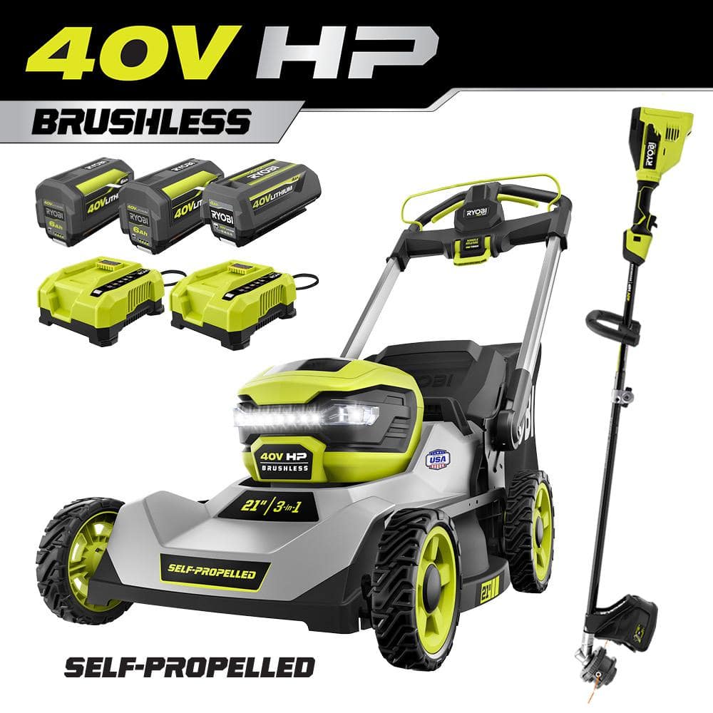 Ryobi 40V HP Brushless 21-Inch Self-Propelled Lawn Mower and Trimmer Set