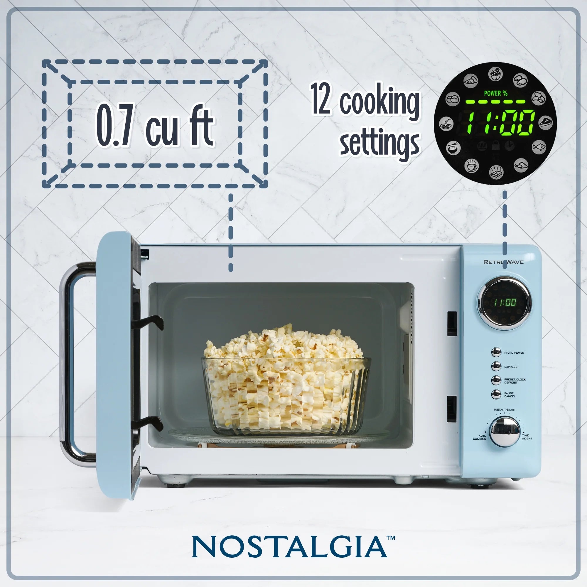 Nostalgia Retro 0.7 Cu Ft 700W Compact Countertop Microwave (Blue)