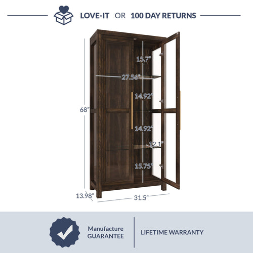 Belleze Avalon Dark Walnut Tall Curio Storage Cabinet